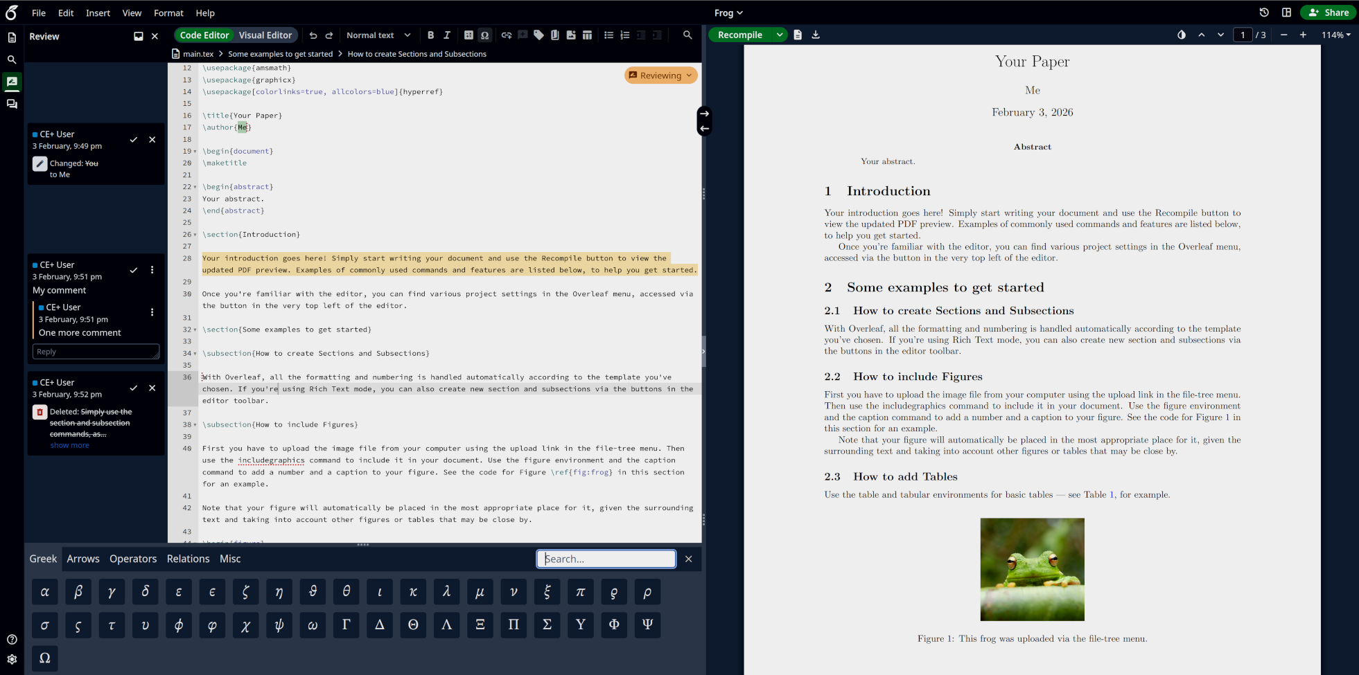 A screenshot of a project being edited in Overleaf Extended Community Edition
